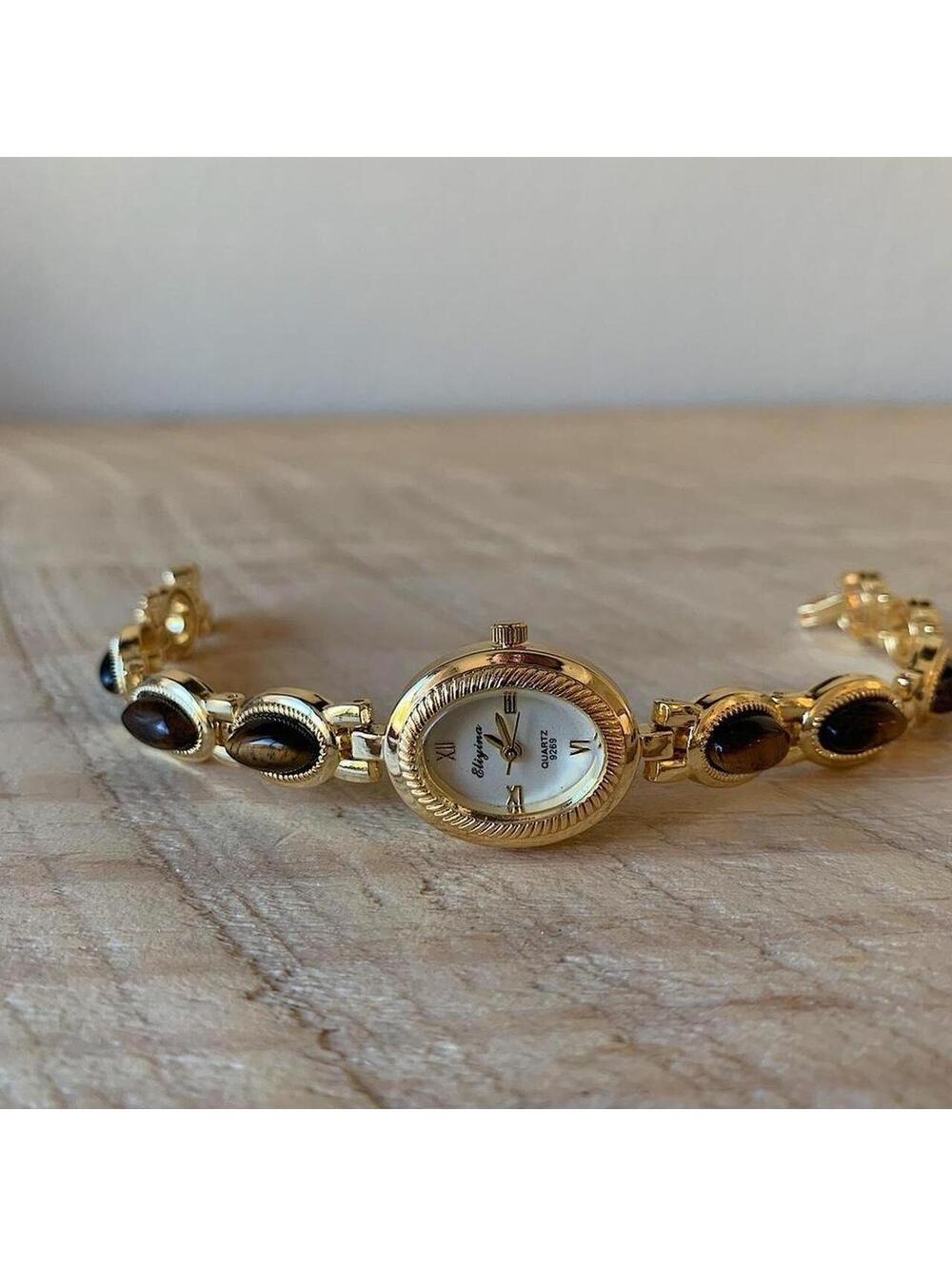 Y2k style Dainty cute Gold style tone quartz watch with brown jade stone opal - Picture 5 of 8